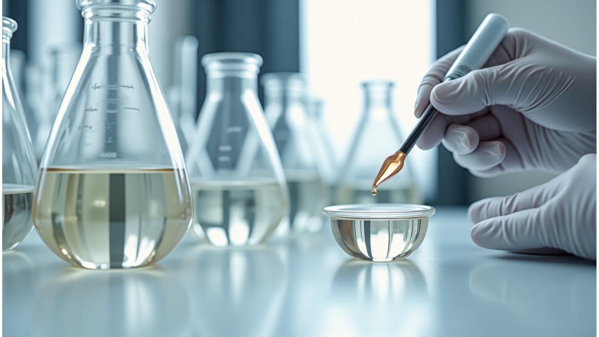 Vue rapprochée d'un chimiste de Beauté Éclatante Paris travaillant méticuleusement sur une formulation innovante dans un laboratoire moderne, lumière douce et instrumentation de pointe.