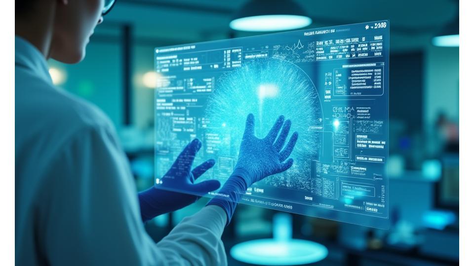 Algorithme de formule cosmétique projetée sur un écran transparent dans un laboratoire futuriste, mains manipulant des données virtuelles.