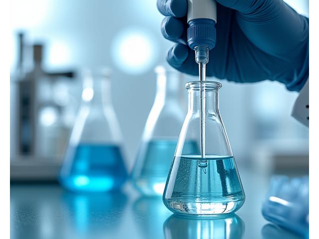 Main d'un formulateur en blouse blanche manipulant des fioles et pipettes dans un laboratoire cosmétique stérile.