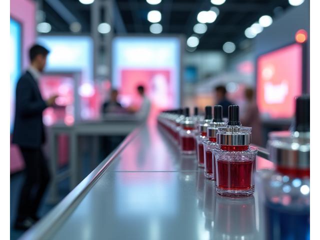 Ligne de production de cosmétiques avec des bouteilles se déplaçant, et des travailleurs supervisant la qualité.
