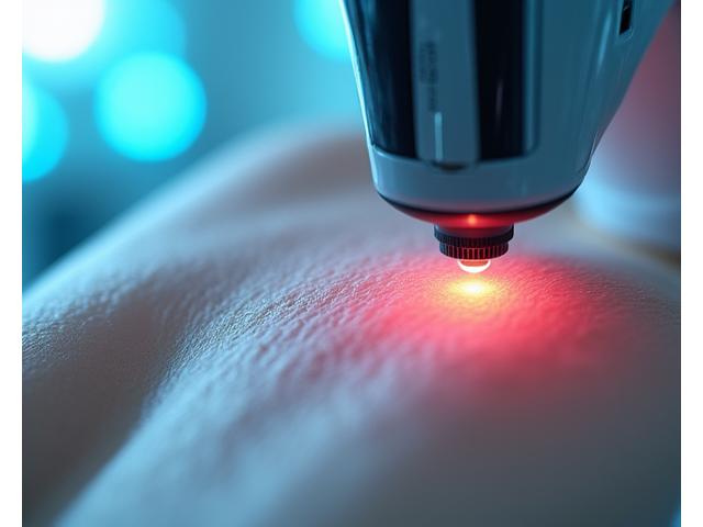 Peau sous microscope avec des marqueurs lumineux, symbolisant les tests d'efficacité des produits cosmétiques.