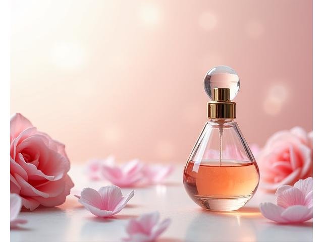 Un élégant flacon de parfum sur fond de pétales de roses, évoquant la création de fragrances uniques.