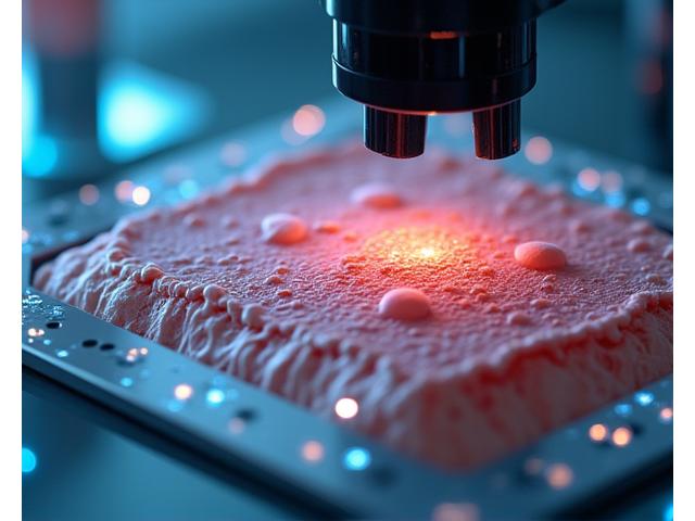 Des échantillons de peau sous microscope, représentant la recherche et les innovations technologiques en cosmétique.