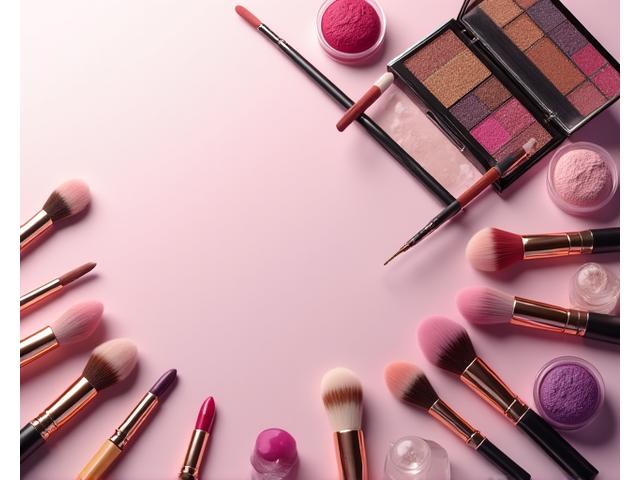 Une gamme de pinceaux de maquillage et des palettes de couleurs vives, représentant le développement de collections maquillage.
