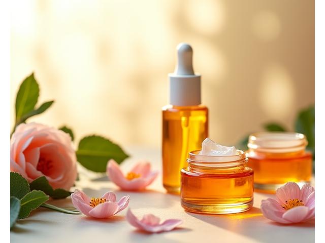 Flacons de sérum aux textures riches et ingrédients botaniques, symbolisant le développement de soins de la peau.
